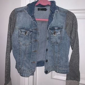 Denim jacket with grey soft sleeves